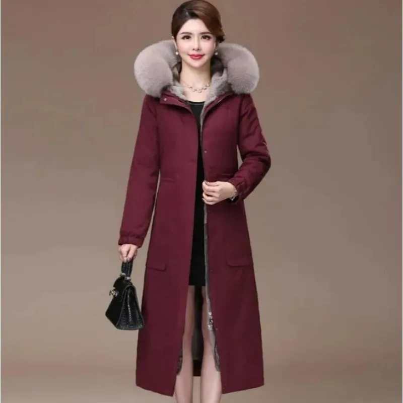 Parka longue à capuche en fausse fourrure de lapin pour femme, manteau épais, vêtements d'extérieur chauds, imitation fourrure de lapin Rex, parka grande taille, hiver, nouveau, 2024