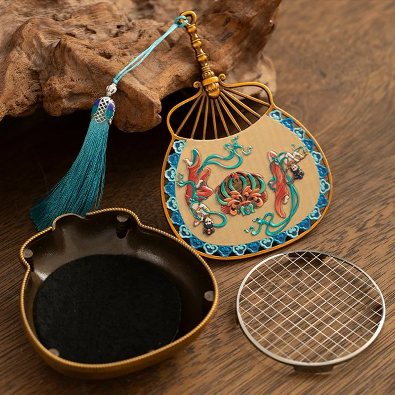 Vintage Metal Enamel Incense Burner with Tassel Aromatherapy Mini Censer Holder Lute Shape Handmade