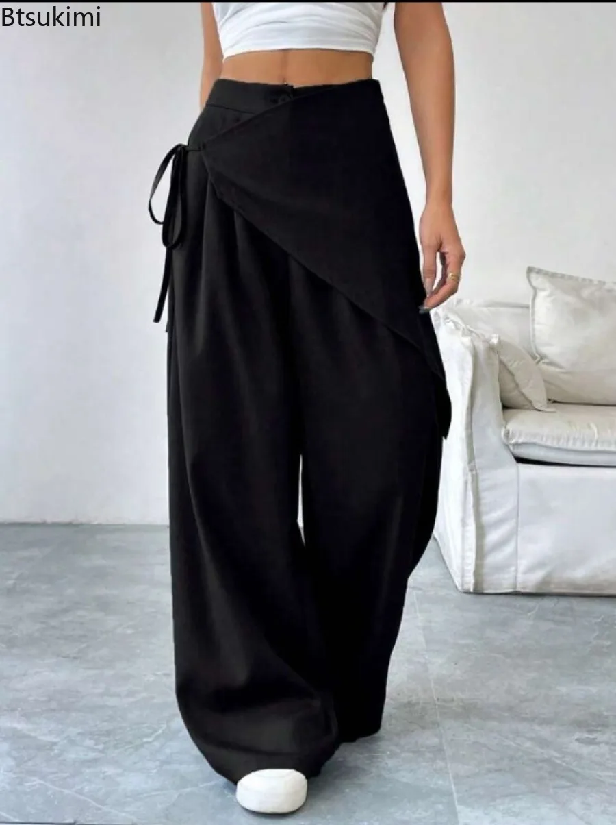 New Women's Fashion Irregular Suit Pants Solid High Waist Loose Wide-Leg Trousers Street Casual Straight Trousers with Pockets