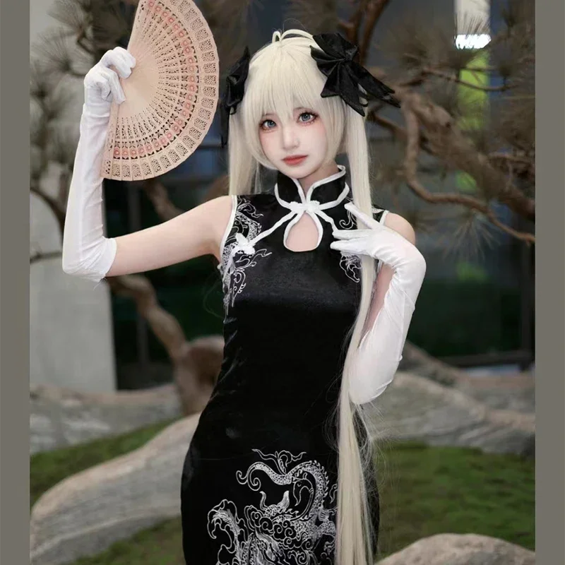 Disfraz de Cosplay de Anime Yosuga No Sora kasuvano Sora, peluca Cheongsam blanca y negra, juguete de conejo, vestido de fiesta de Carnaval de Halloween