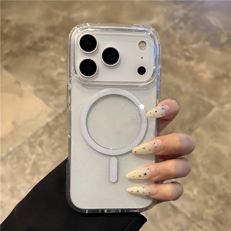 

Transparent Bling Glitter Magsafe Wireless Charge Case for iPhone 17 Air 16 15 14 13 Pro Max Original Shockproof Magnetic Cover