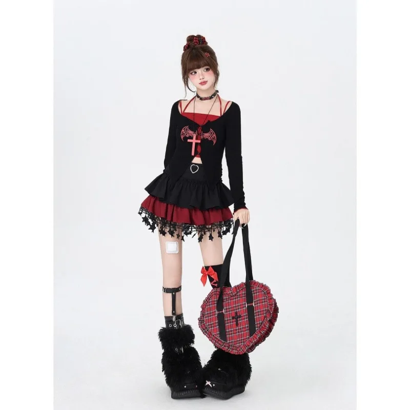 Y2K Harajuku Shibuya Gyaru Ballet Core Mini Skirt Star Print Tiered Ruffled A-Line High Waist Pleated Anti-Exposure Streetwear