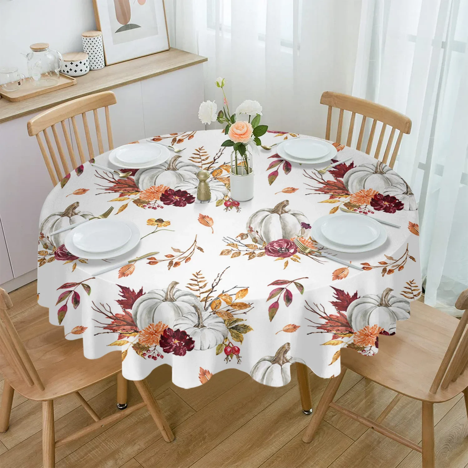 Thanksgiving Fall Pumpkin Maple Leaf Round Waterproof Tablecloth Decorative Table Cover Home Party Dining Room Table Cloth