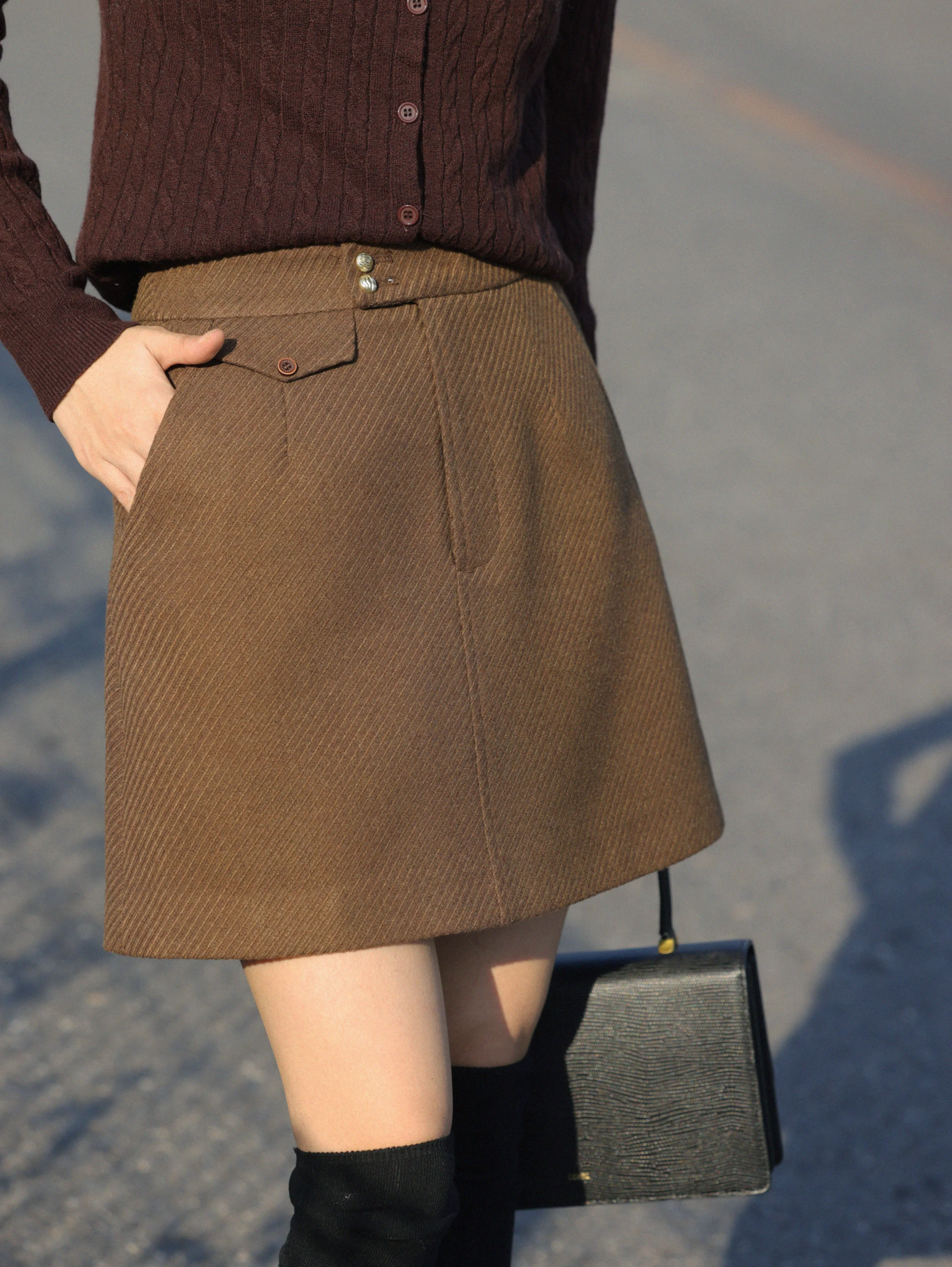 Vintage Slim High Waist Houndstooth Wool-like Skirt Women A-Line Skirt Fall Winter Petite Casual Flattering Bodycon Short Skirt