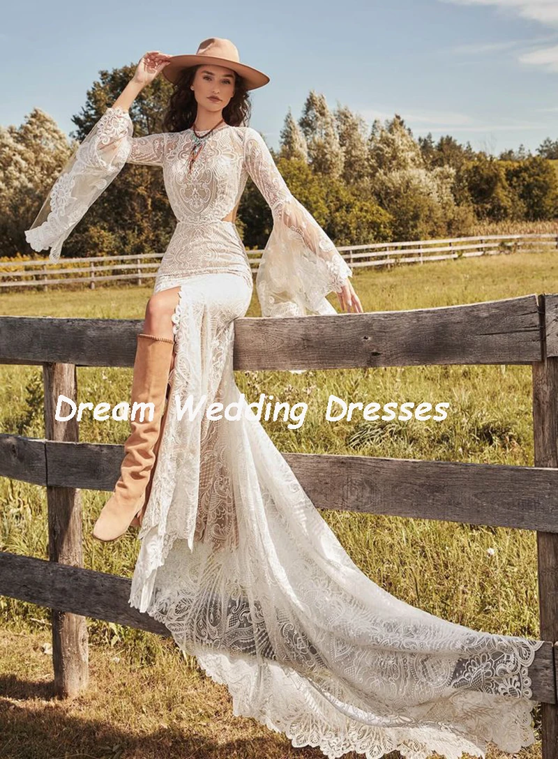 Robe de mariée bohème en dentelle à col rond personnalisée, robe de mariée sirène longue découpée, fente dos nu, patients Boho de plage, quoi que ce soit