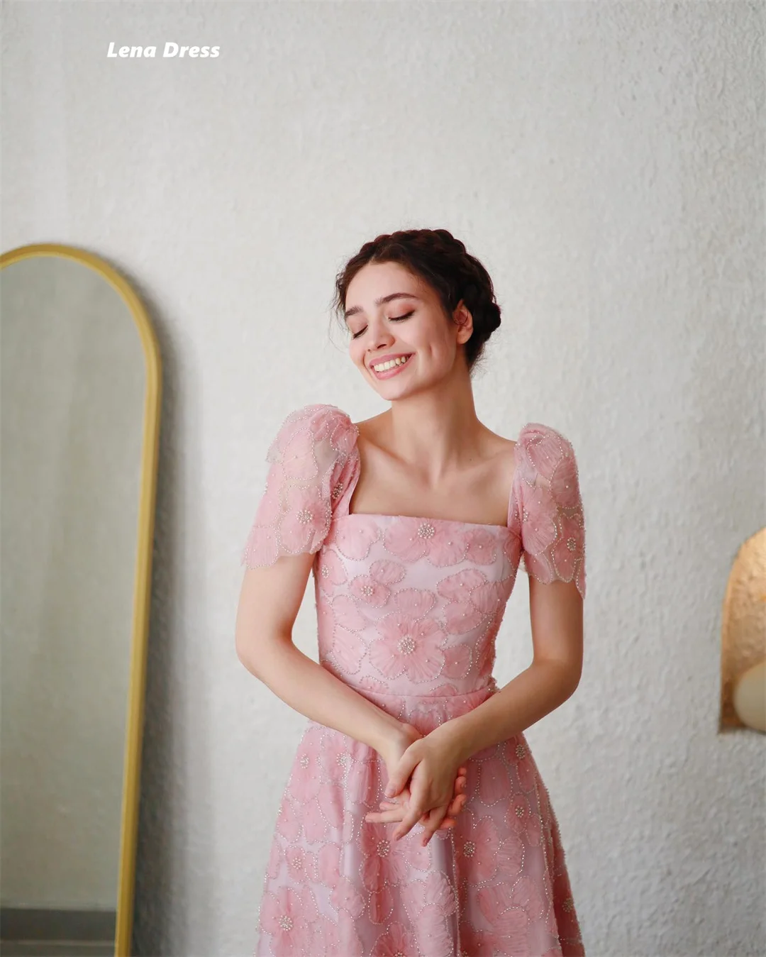 Lena Custom Made Prom Dresses 2025 Luxury Evening Dress Woman Luxurious Party Dress Pink Square Collar Floral Lace Short Sleeves