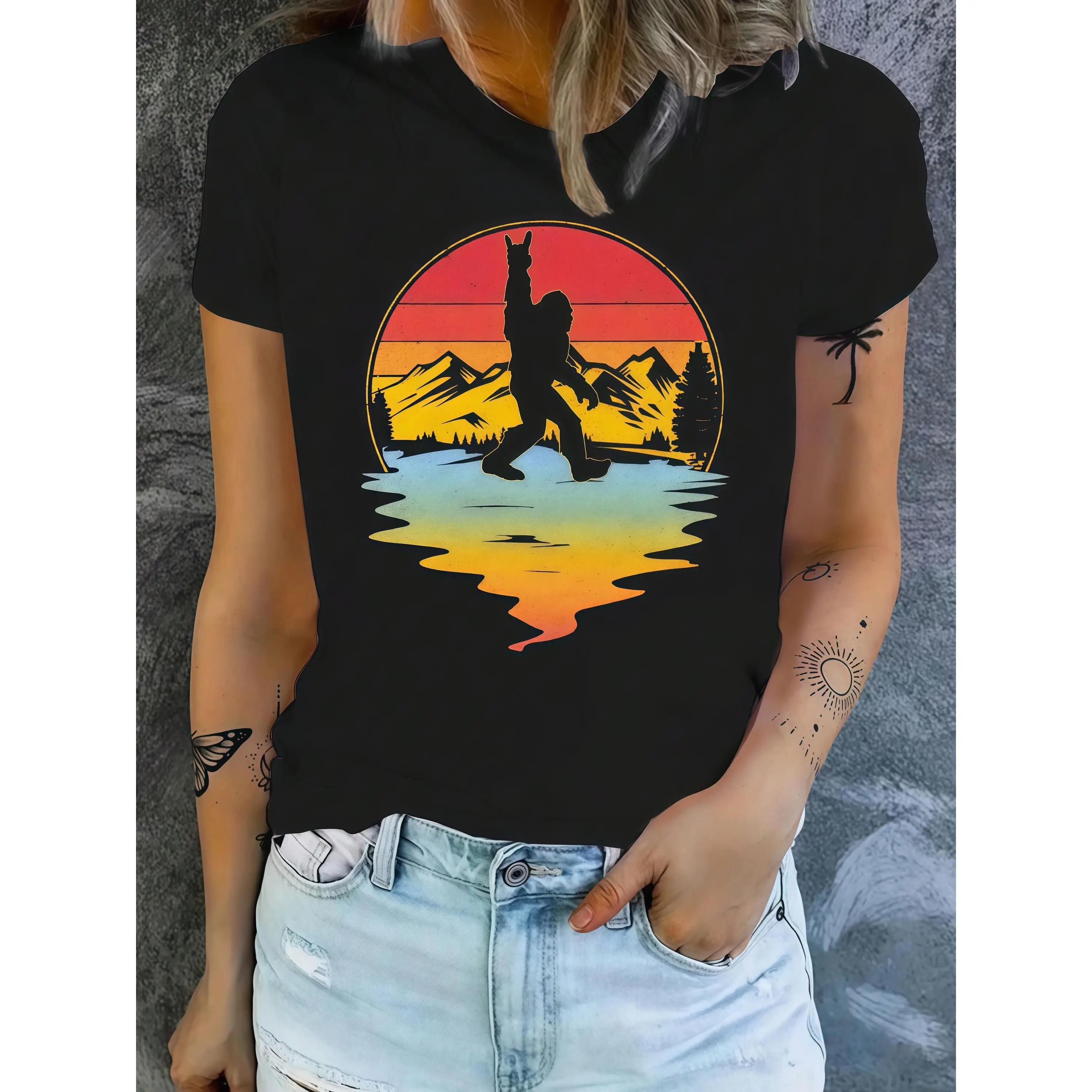 

Funny Bigfoot Sasquatch Rock & Roll T-Shirt - Vintage Sunset Mountain Graphic Tee for Men & Women, Outdoor Lover Gift