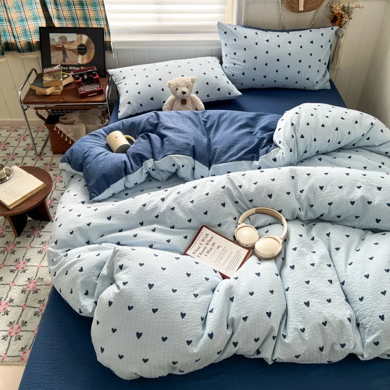 New Love Printed 100% Cotton Bedding Set Luxury Antibacterial Comforter Kit for Single Soft Fitted Sheet Quilt Cover Pillowcase
