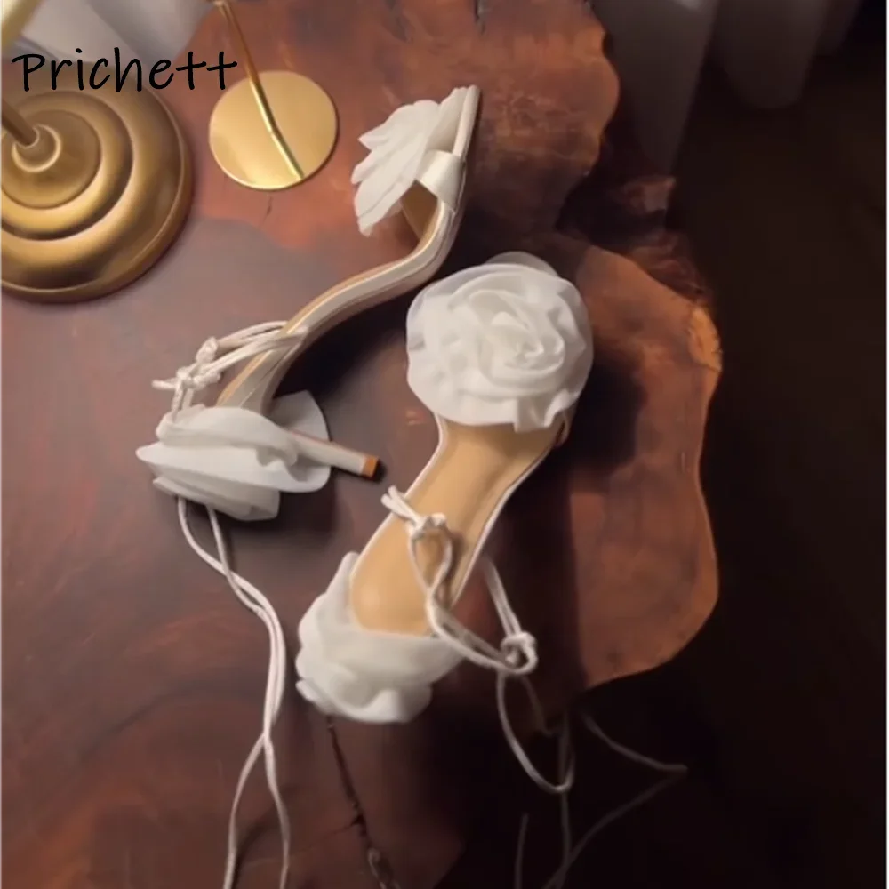 

Stain White Flower Sandals Ankle Band Twist Solid Round Toe Thin Heels Slingback Shoes Women's Summer Fashion Elegant Shoes 2025