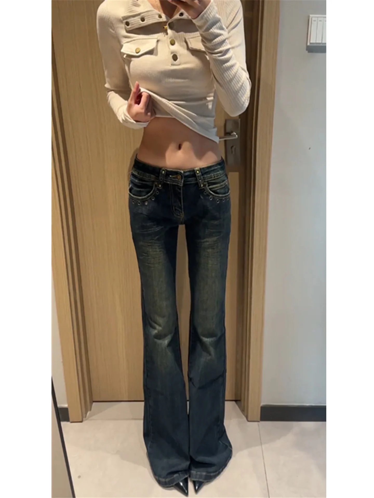 

Американские ретро-джинсы Y2K с низкой талией, расклешенные, женские, весенне-осенние, облегающие, длинные в пол, повседневные, из хлопка