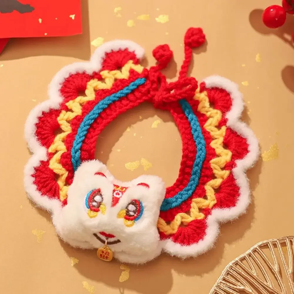 Chinese Style Spring Festival Lion Dance Cat Tie Handmade Warm New Year Pet Collar Adjustable Blessing Cat Knitting Scarf Autumn