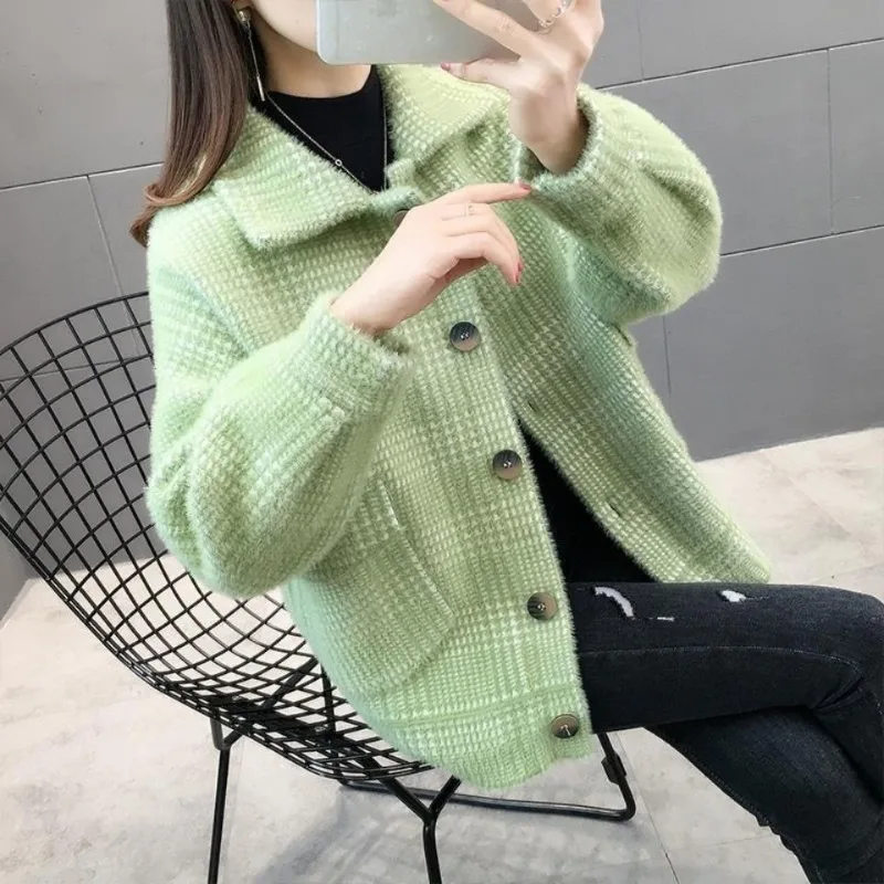 Mink Cashmere Plaid Knitting Cardigan Coat Women Autumn Winter Simplicity Fashion Solid Color Sweater All-match Knitwear Tops