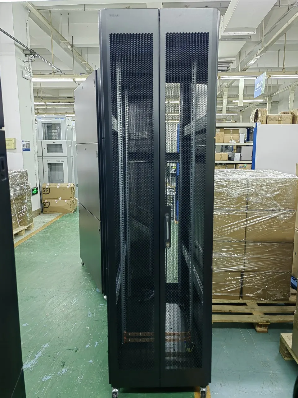 Network server cabinet, durable adjustable rack mount, securely lockable door, cable management, data center office