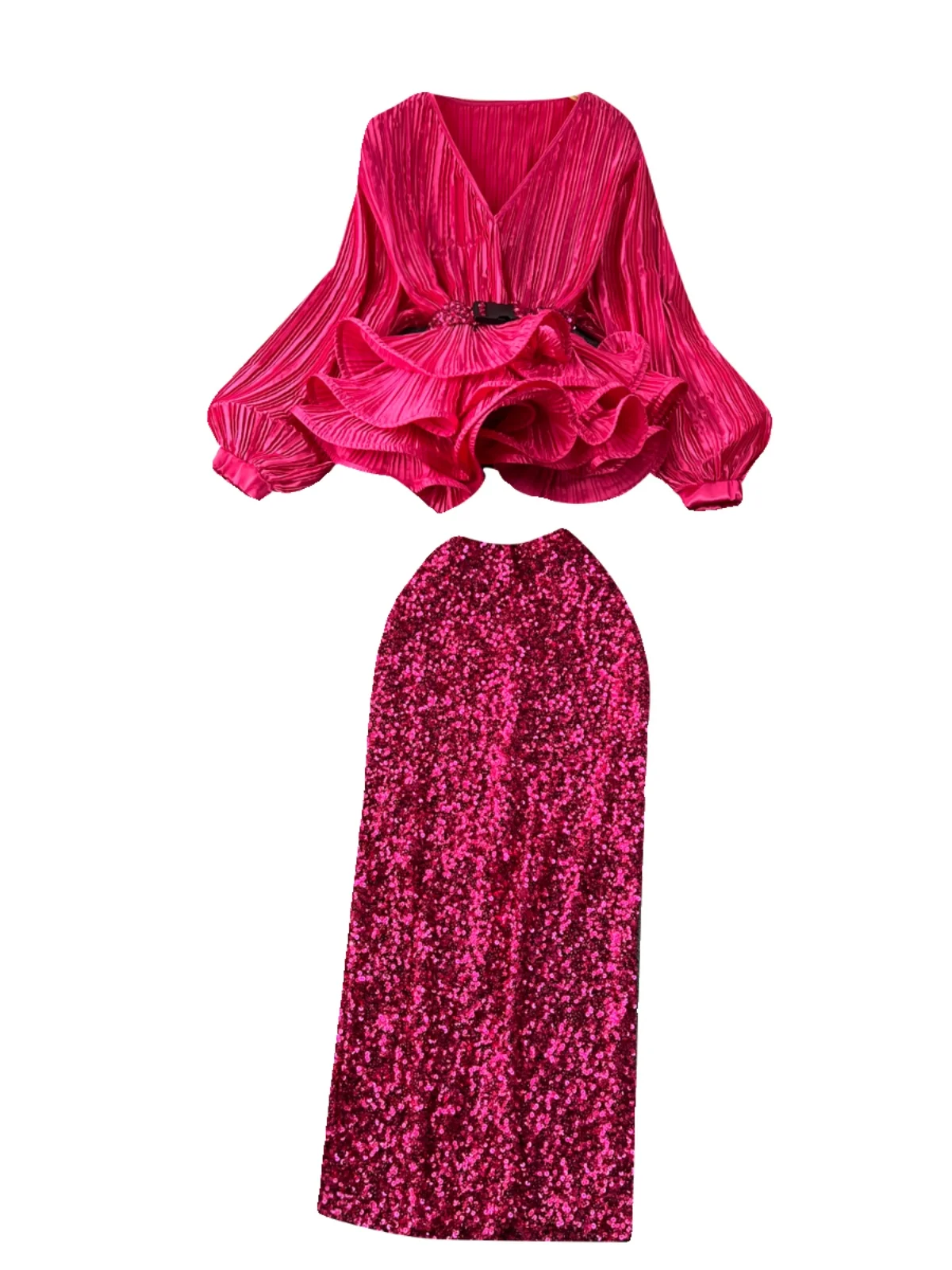 

Женский модный комплект Ele с высокой талией, пышными краями, юбкой с пайетками, топ с открытыми плечами и плиссированная юбка f-длины