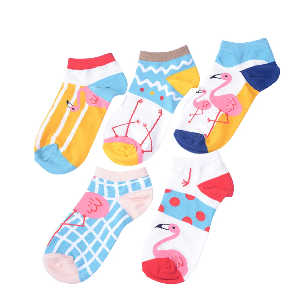 

5 PCS Flamingo Pattern Socks Cotton Casual Women's Anti-slip Shallow Mouth Short