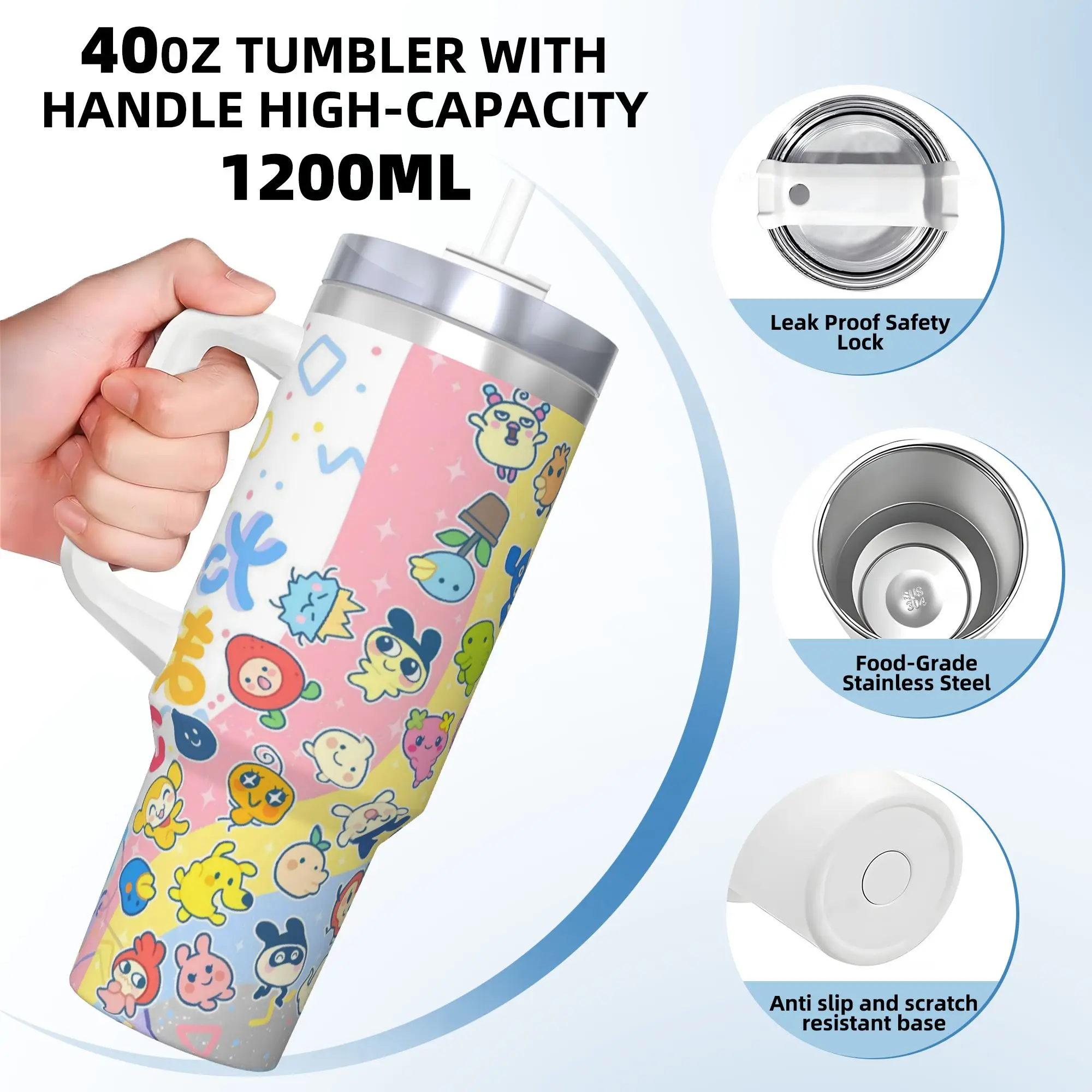 Stainless Steel Tumbler Cute Tamagotchi Anime Print Mugs Cup With Straws  Travelist Cold Drink Water Bottle 40oz Thermal Mug view 3