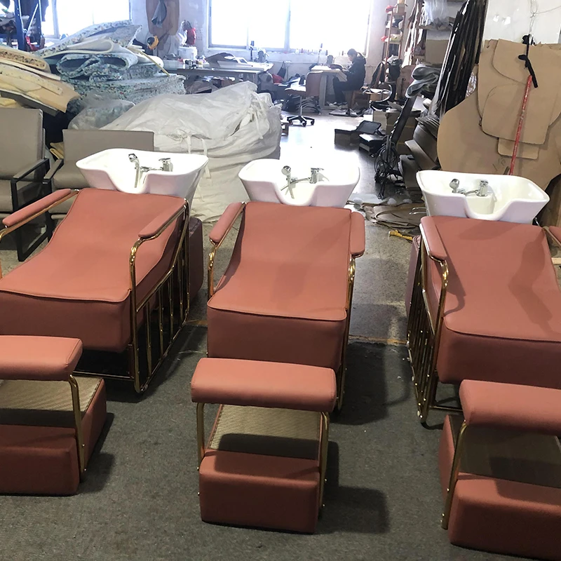 Modern Barbershop Furniture Reclining Washing Chair Bed Luxury Golden Metal Frame Shampoo Bed with Footrest and Ceramic Basin