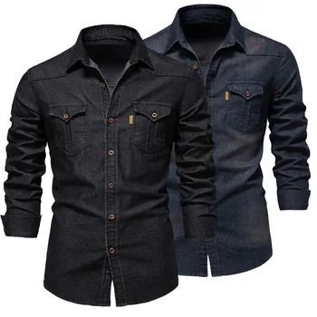 Camicie di jeans in cotone autunno moda uomo camicia da cowboy di qualità casual a maniche lunghe tinta unita camicie di jeans elastiche slim fit per uomo