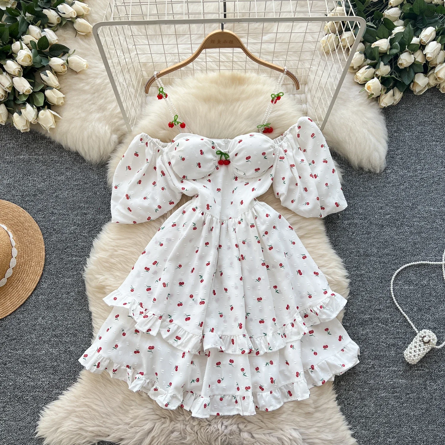 Off Shoulder Puff Sleeve Sundress - Puffärmel, schulterfrei, bedruckt, süßes Kleid, A-Linien-Träger,