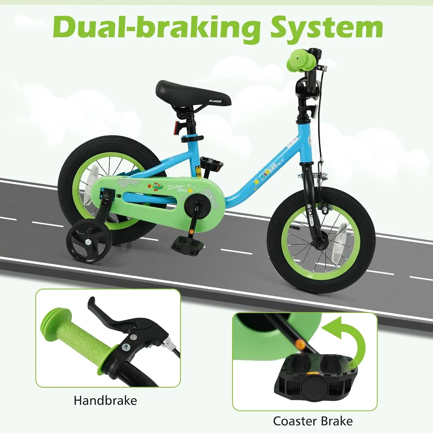 Toddler Bike for Boys Girls Age 3-8, 12 14 16 Inch Kids Bicycle with Training Wheels, Space-Themed Children's Bicycle, Adjustable Seat & Handlebar, Handbrake, Coaster Brake, Safety Bell - view 3