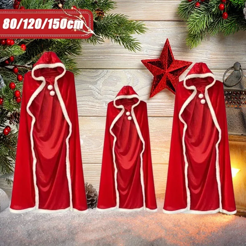 

Рождественская одежда для женщин и девочек, бархатный плащ с капюшоном в полный рост, Санта-Клаус, плюшевая отделка с завязками, красная накидка, праздничные костюмы для косплея, реквизит