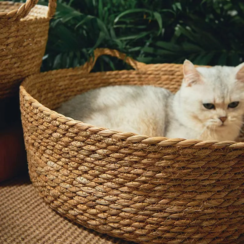 Pure Manual Cat Bed House Rattan Woven Four Seasons Nest Cat Scratch Board General Dandelion Woven Cool Pet Home Cat Accessories