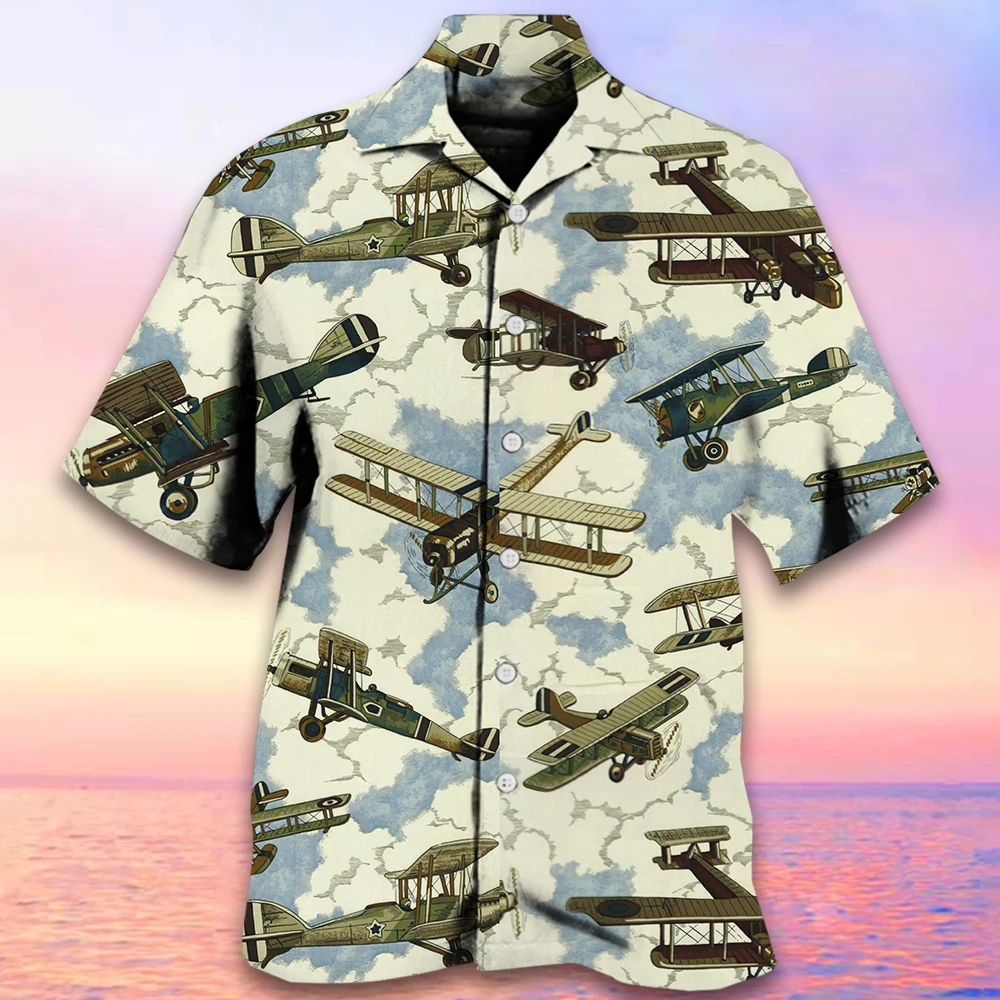 Camisa havaiana retrô masculina com estampa de avião, camisa casual manga curta, roupas masculinas, moda extragrande, verão