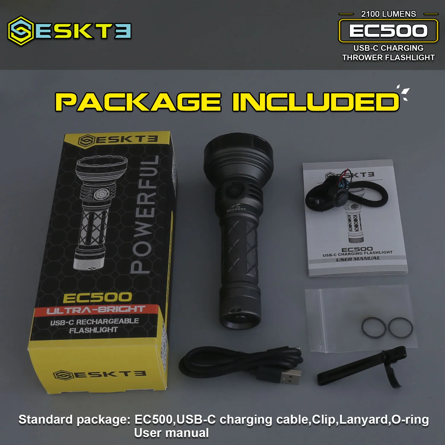 SKILHUNT EKSTE EC500 2100 Lumens 21700 USB-C Rechargeable Long-Range Flashlight