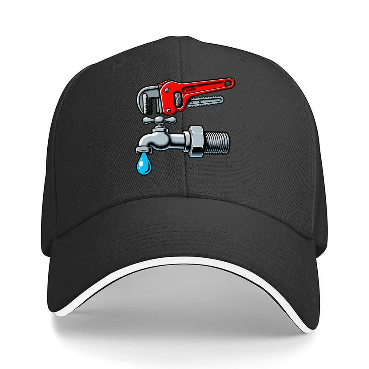 Plumber Red Pipe Wrench Faucet Water Drop Leak Repair Graphic Sandwich Baseball Cap Outdoor Workouts Sun Hat