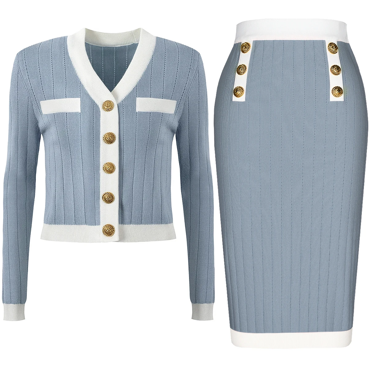 

High Quality Autumn New Fashion Elastic Knitted V-neck Color Blocked Long Sleeved Cardigan Slim Fit Skirt Women's Set