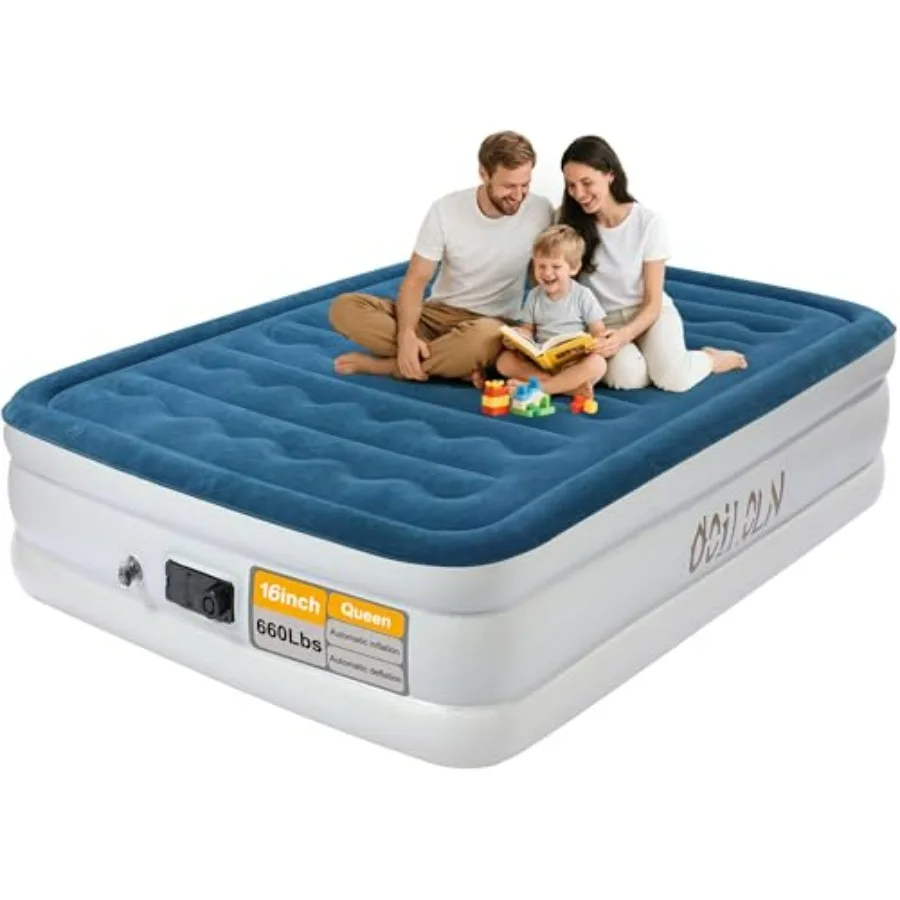 Queen Air Mattress with Built-in Pump, 16-Inch Portable Inflatable Mattress, Deluxe Flocking Surface, Gray/Black, Supports Up to