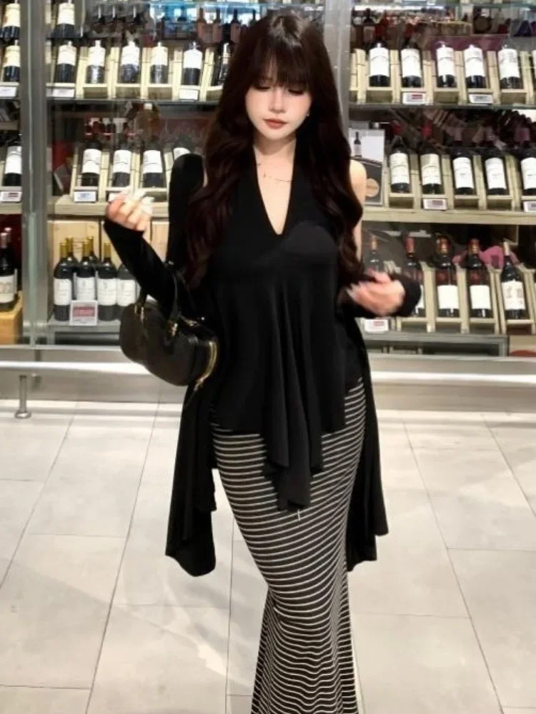 

Ropa Mujer Vintage Комплекты из 3 предметов Корейский однотонный кардиган + нерегулярный сексуальный жилет с лямкой на шее + полосатые макси-юбки Костюм Y2k Осенний комплект