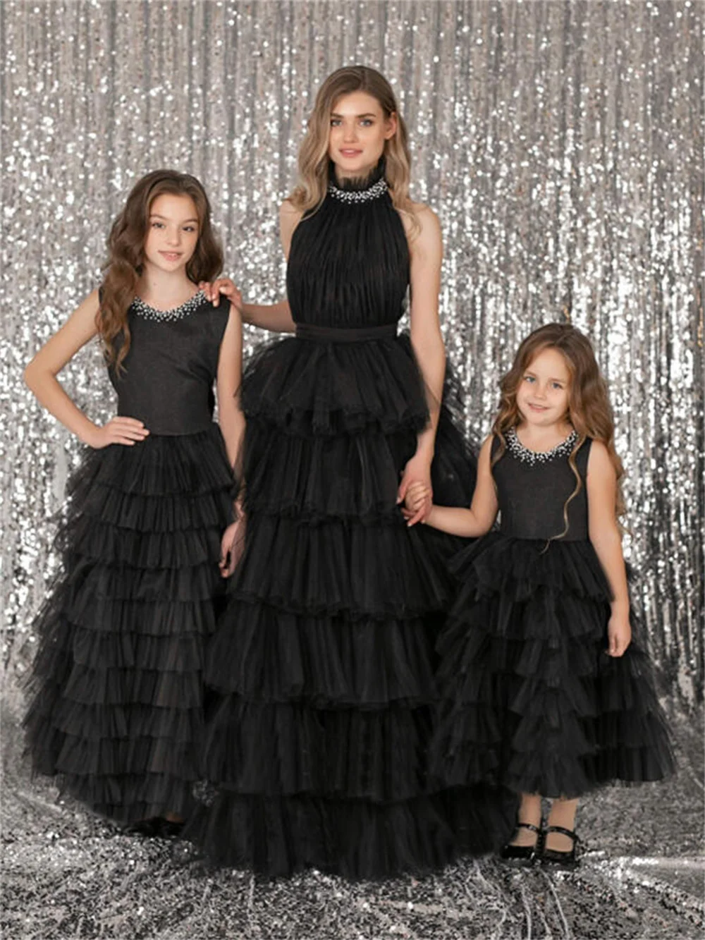 Princess Pure Color Tulle Flower Girls Dresses Sparkly Cascading Ruffles A-Line Sleeveless Mother And Daughter Party Ball Gowns