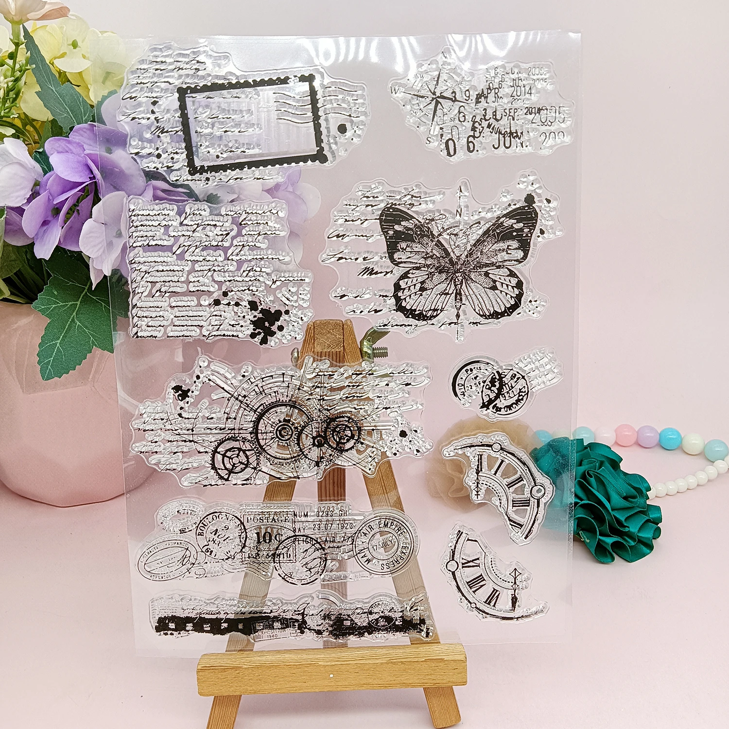 Vintage Clear Silicone Stamps Retro Butterfly Compass Clock Gear Script Background Stamps for DIY Scrapbooking Journaling Card