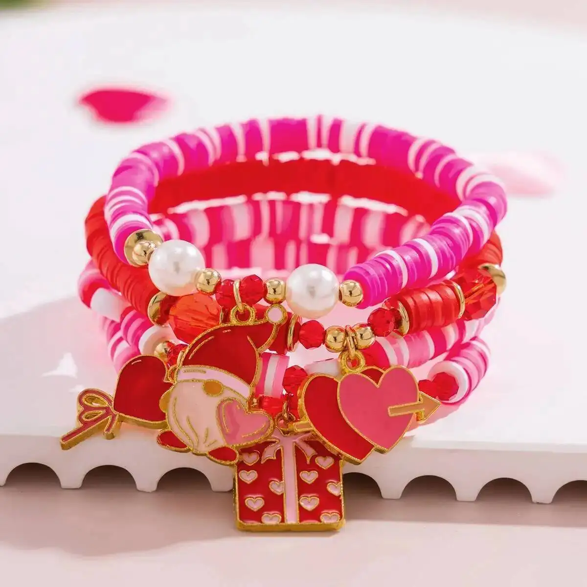 KunJoe 4Pcs/Set Cute Pink Santa Claus Heart Pendant Bracelet Women Romantic Red Crystal Beaded Bracelets Christmas Jewelry Gift