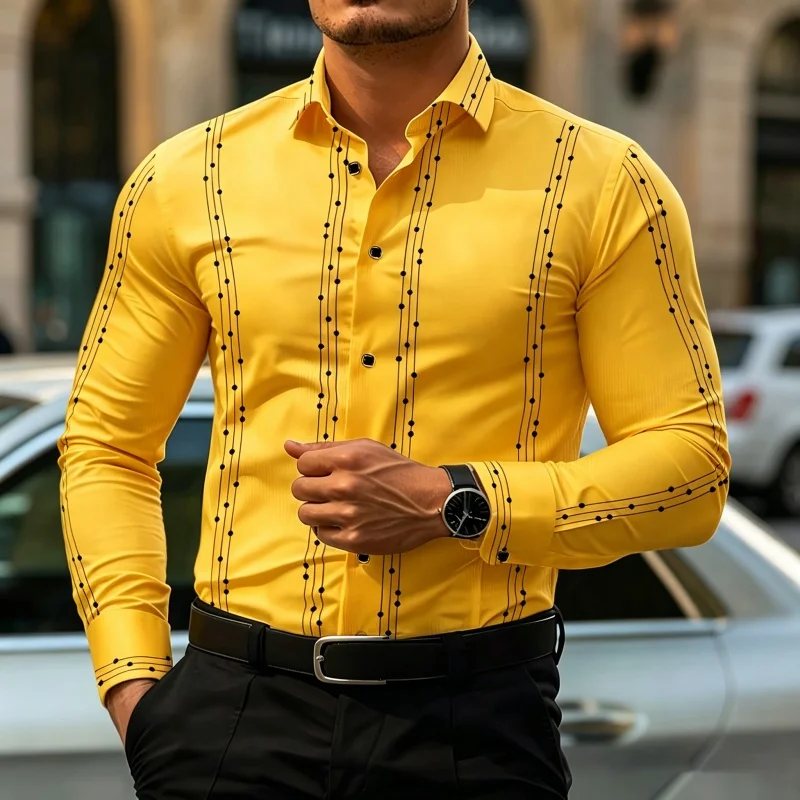 Men's Striped And Polka Dot Print Long-Sleeve Shirt Slim Fit Casual Shirt Ensemble Homme Ropa Hombres Conjuntos
