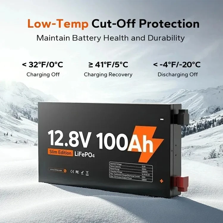 RV Ultra Thin LiFePO4 Battery 15000-Cycle Life IP65 Protection Space Saving Design for Solar Storage 12V 100Ah Slim