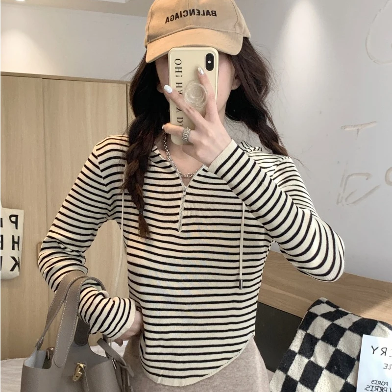 Drawstring Hooded Striped Long Sleeve T-shirt Womens Autumn and Winter New Slim Thin Versatile Female Hoodies Women Clothing