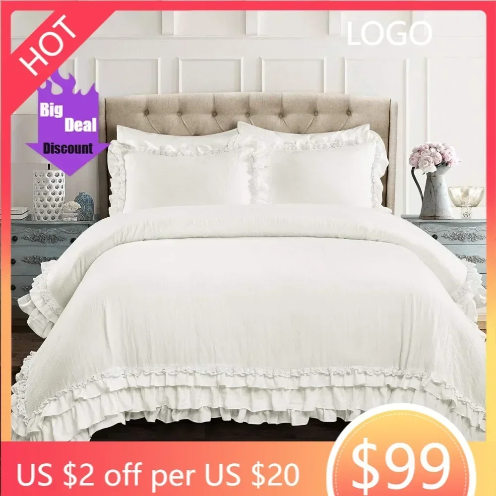 

Hot salesElegant Ruffle Lace Comforter Set, 3-Piece, Full/Queen, White - Chic Bedding Collection - White Queen Size Bedding - Fu