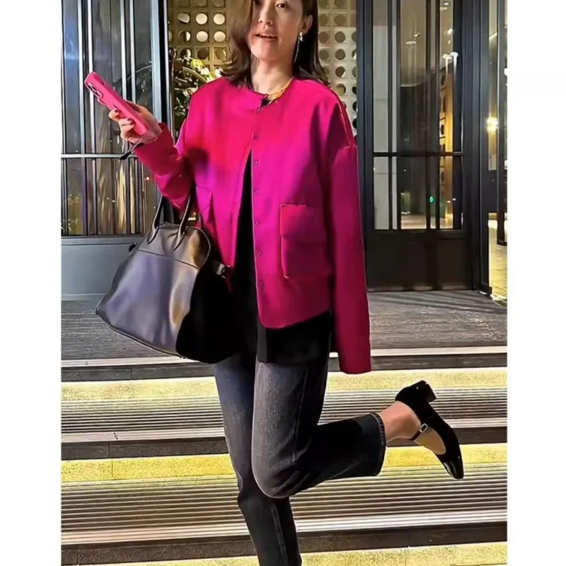 

Korean Fashion Solid O-neck Cotton Jacket Women Autumn Winter Single Breasted High End Pockets Coat Loose Female Outwears