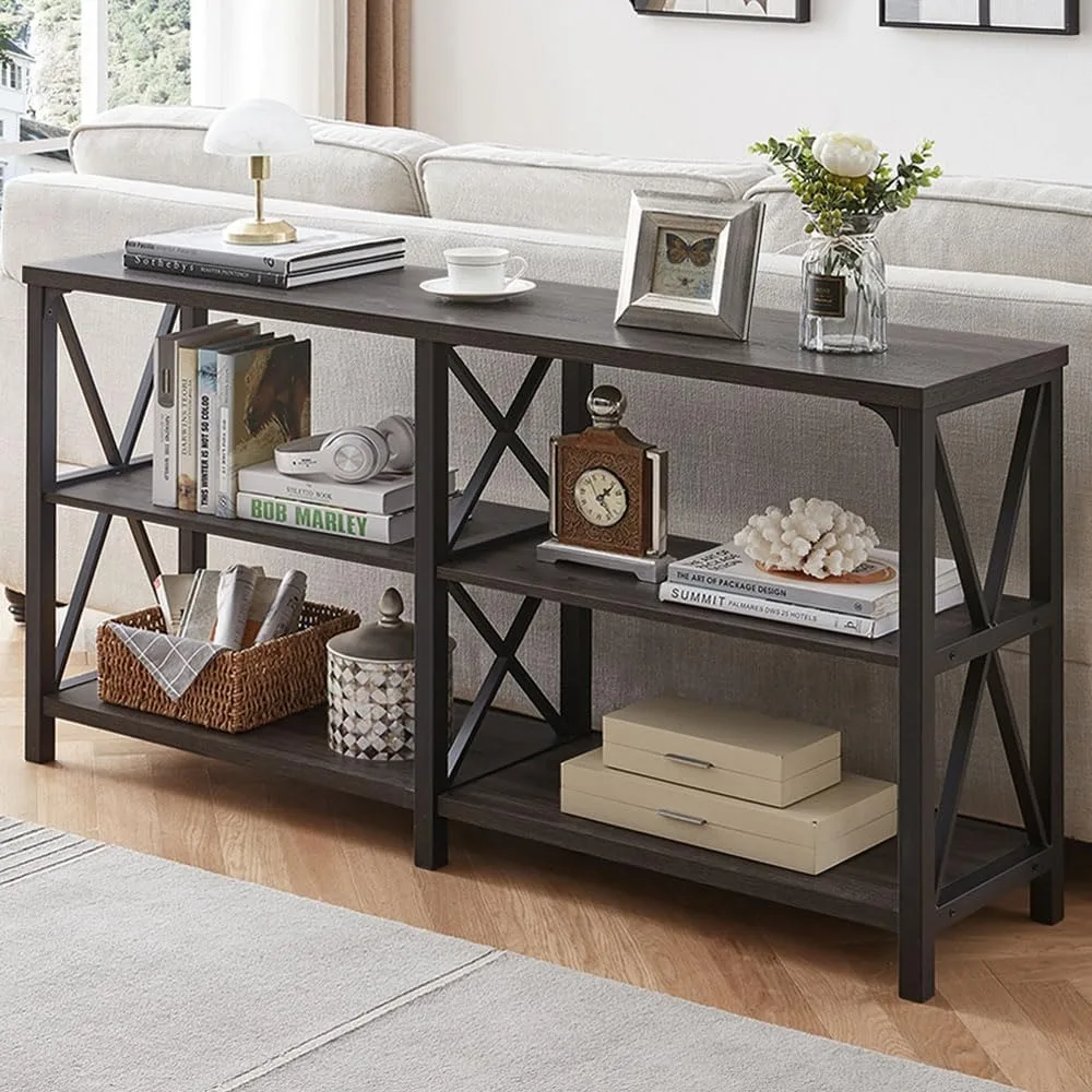 

Rustic Console Table, Industrial Modern Sofa Table Behind Couch, Long Metal Wood Entryway Table with Storage Shelf, Farmhouse F