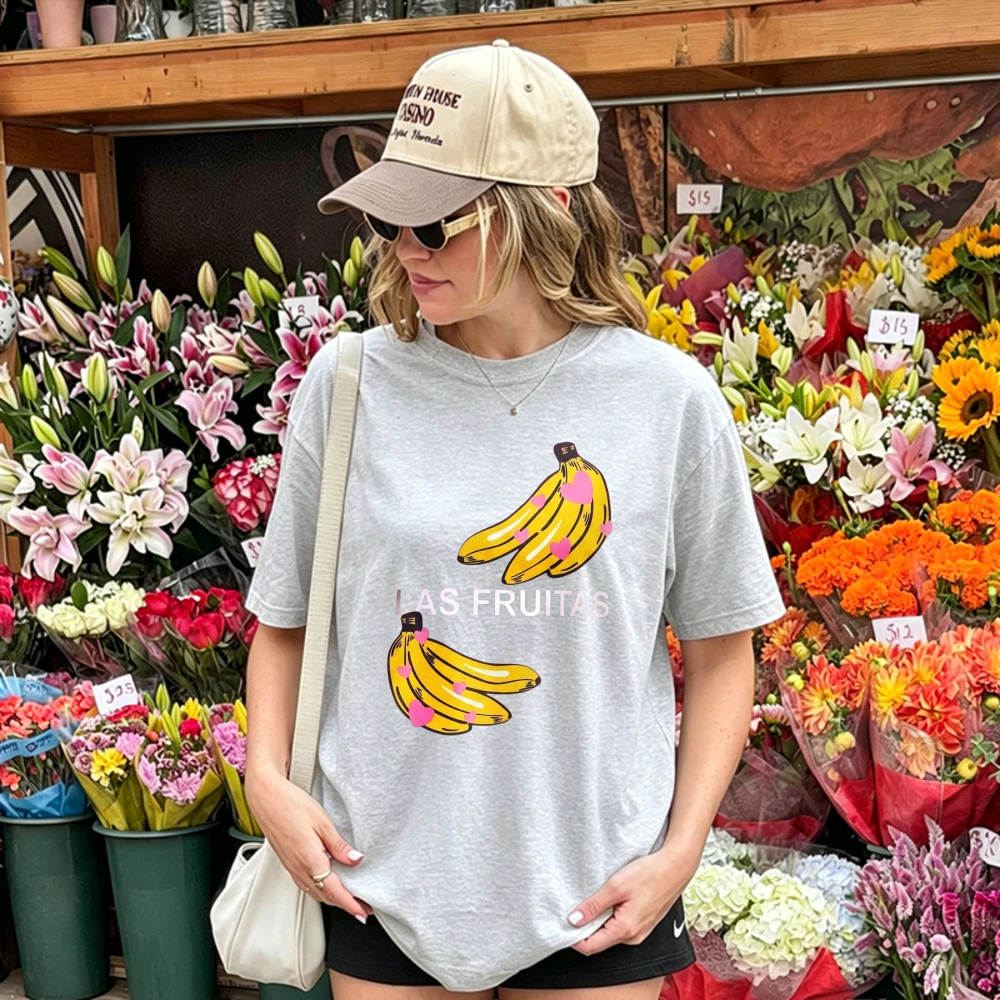Crew Neck Short Sleeve Graphic Cotton Tee Bananas Pink Hearts Las Fruitas White Playful Summer Fruit Top Women Clothing Y2k Top