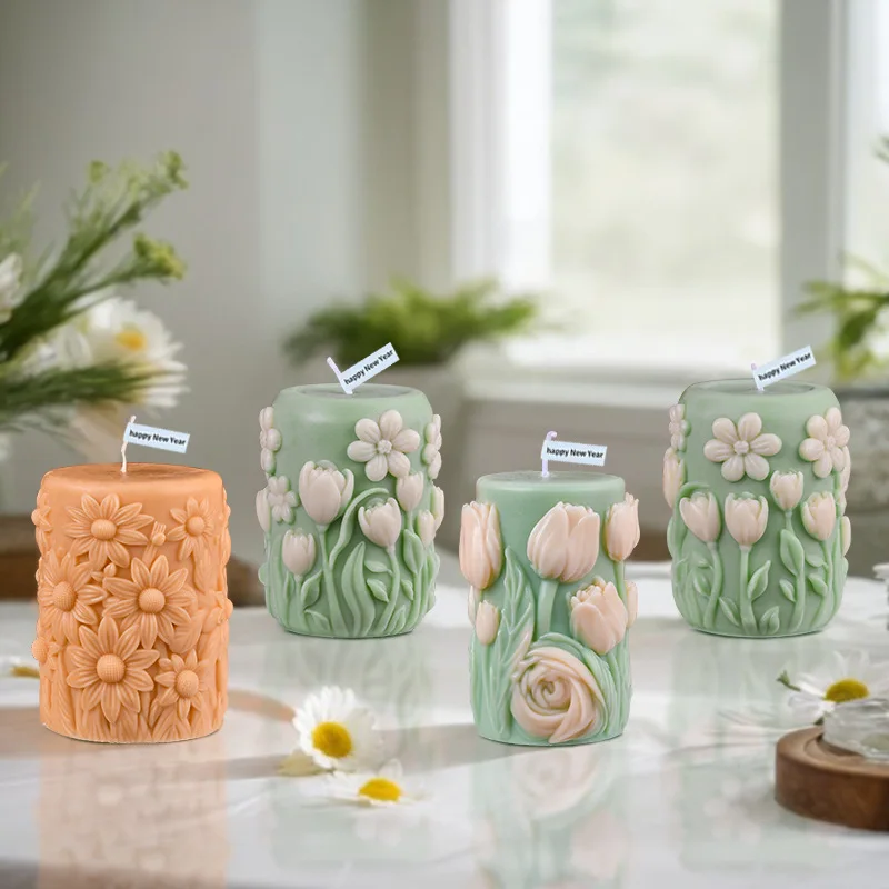 

Blooming Flower Column Candle Silicone Mold Diy Rose Wedding Souvenir Aromatherapy Diffuser Stone Plaster Resin Mold