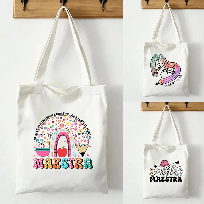 

Maestra Spanish Teacher Canvas Tote Bag Organize Reusable Shopping Supermarket Bag Travel Large Capacity Shoulder Bags Lunch Box