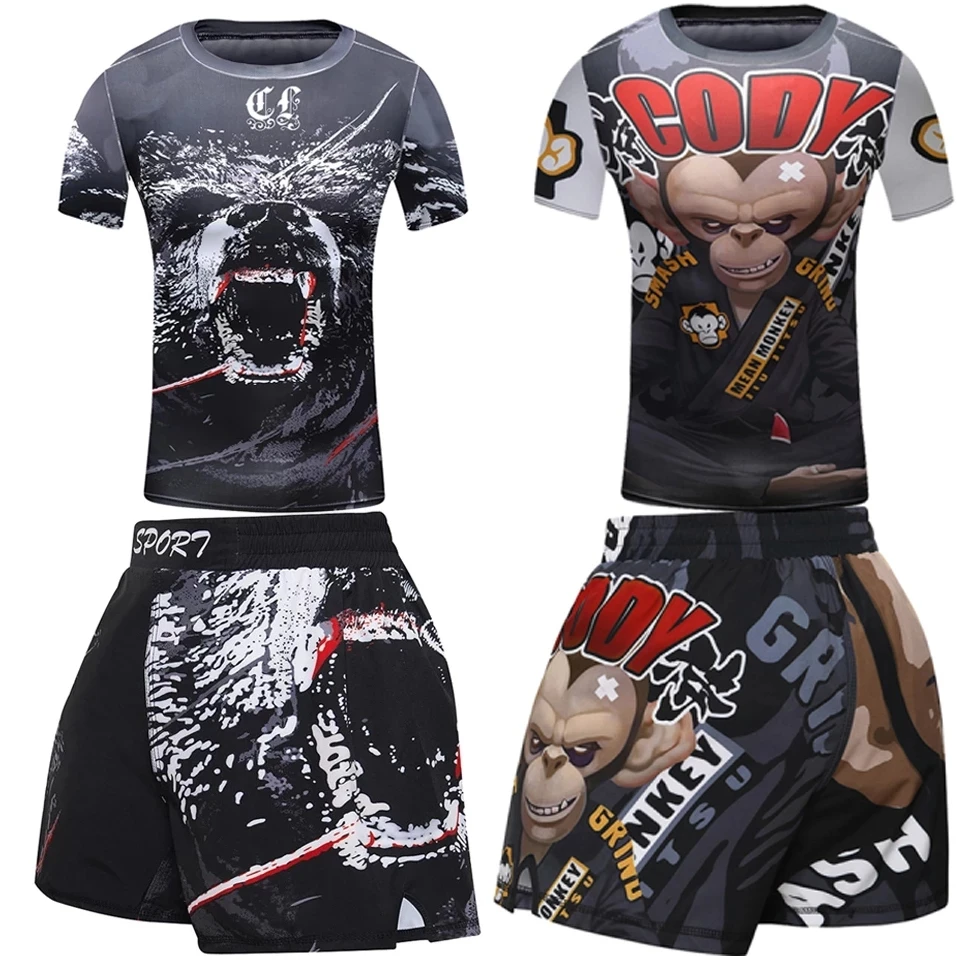 MMA Kids Boxing T-shirts+Shorts Sportsuit Rashguard Jiu Jitsu T-shirt For Boy Kickboxing Gym Fighwear Children Muay Thai Clothes