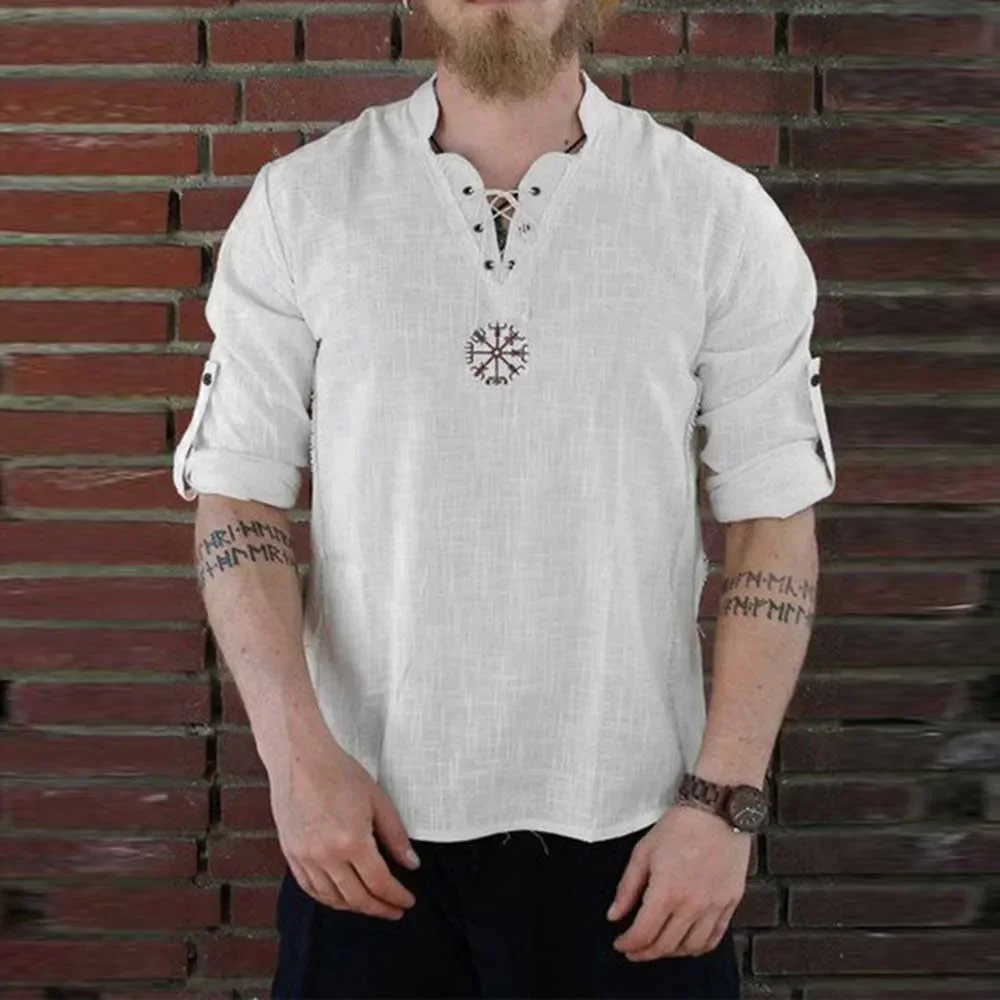 Medieval Pirate Men's Linen Shirt Stand Collar V-neck Nordic T-Shirt Cosplay Lace-Up Tee Tops Clothing For Man