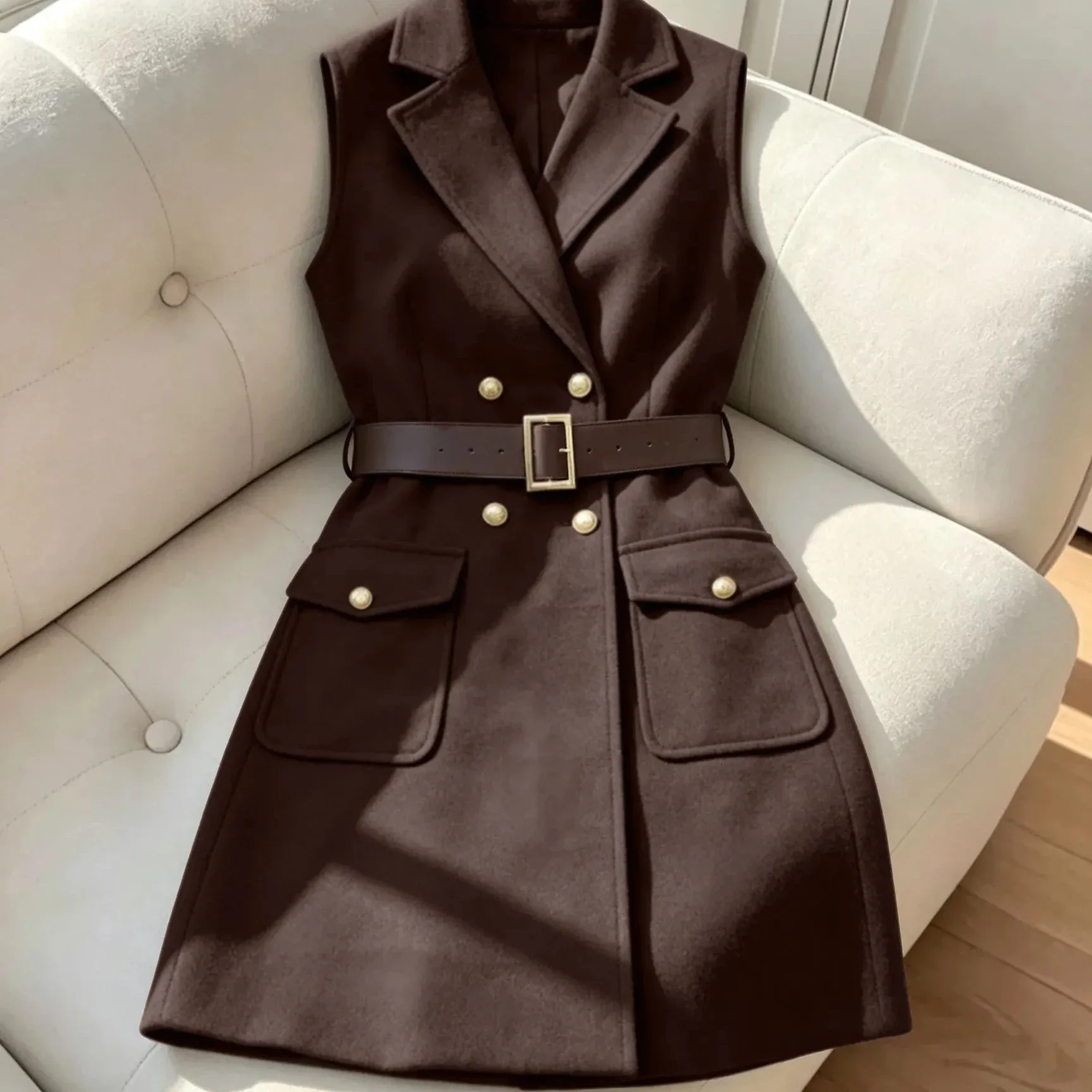 Women's Dark Brown Sleeveless Blazer Midi Dress, Double Breasted Metal Buttons Belted Slim Waistcoat Dress
