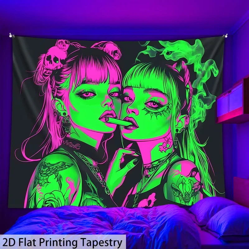 VIKAMA Gothic Girl Fluorescent Tapestry Collision Color Dark Wind Print Tide Cool Living Room Bedroom, Party Background Decor