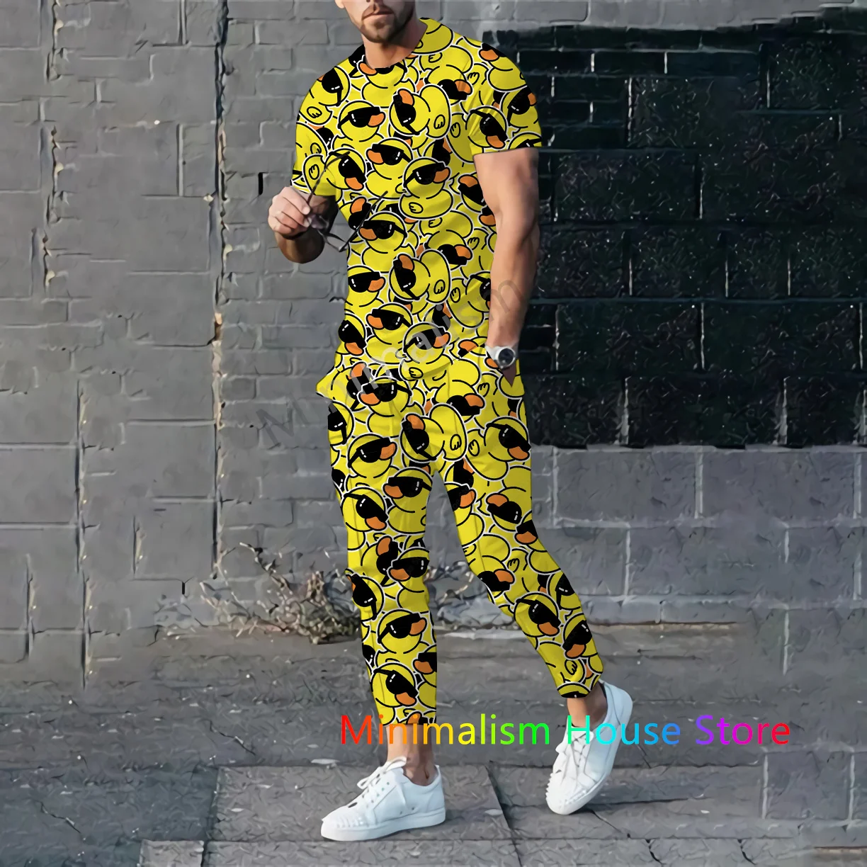 2 Piece Set Outfits Summer Tracksuit For Men Trousers Yellow Duck Print Short Sleeve T Shirt+Long Pants Casual Suit Male Clothes