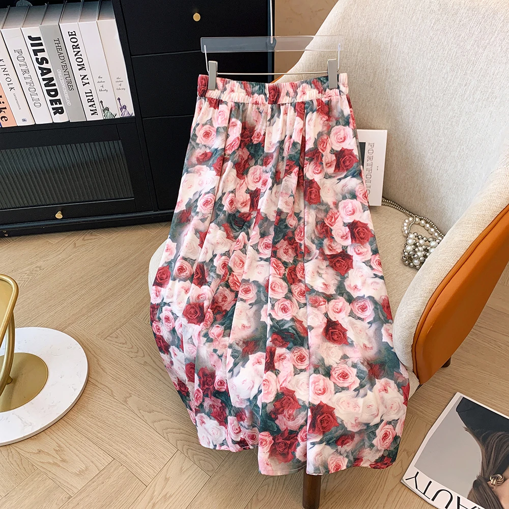 Summer Plus Size Woman Oil Painting Printed Half-body Skirt Loose High Waist Fashion Temperament Knee Mid-length A-line Skirt